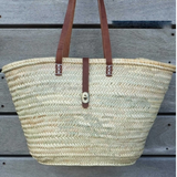 French Market Beach Basket Leather Stripes