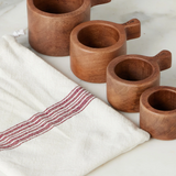 French Bistro Wood Measuring Cups in Vintage Merlot Red Stripe Bag